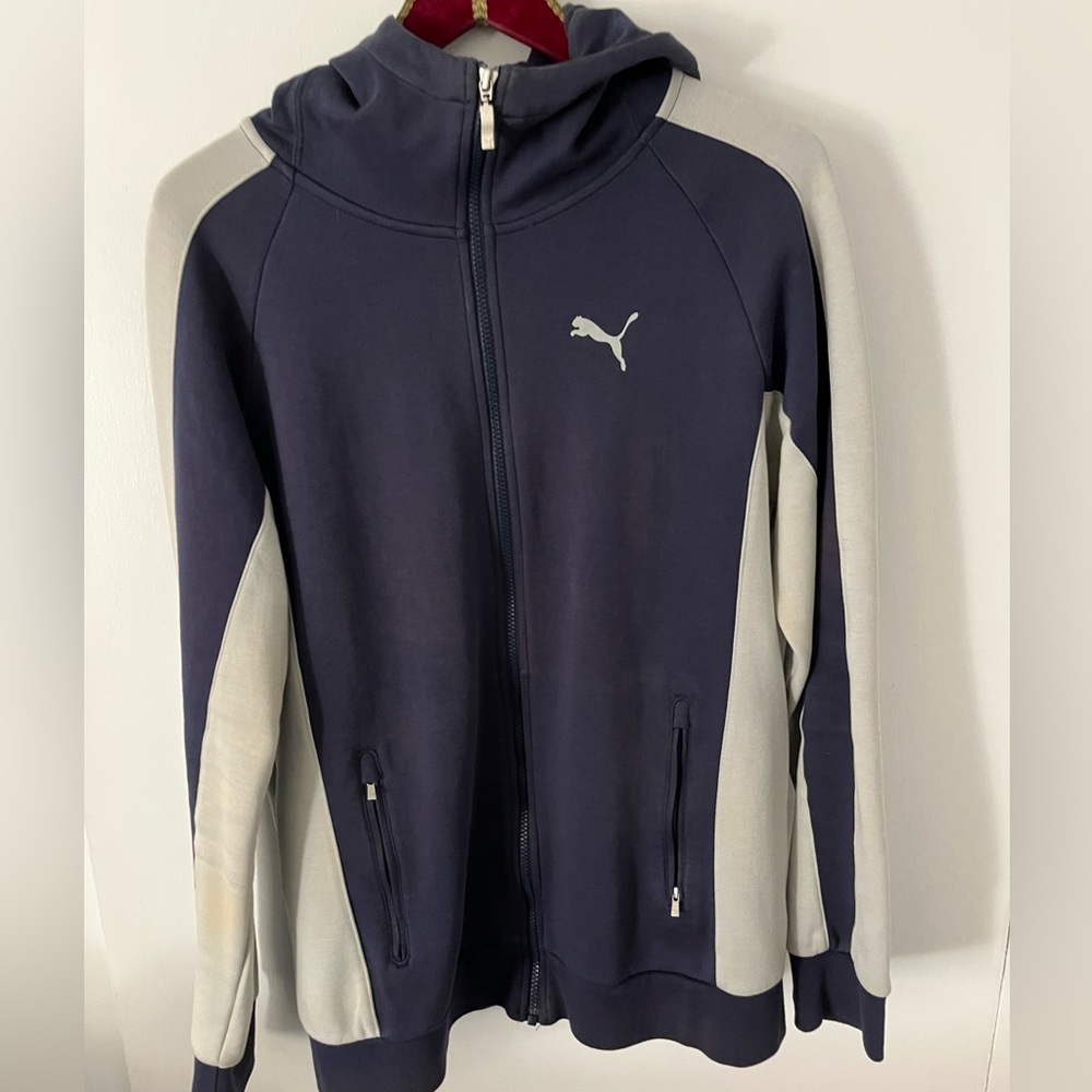 PUMA - Full Zip Hoodie -Blue & light Grey -metal zipper pulls -Slight stretch -L